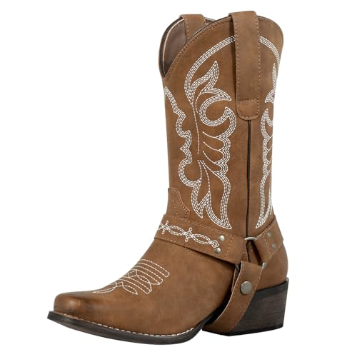 Image of J's.o.l.e Women's Square Toe Cowgirl Cowboy Boots Mid Calf Western Riding Boots with Fashion Buckle Strap