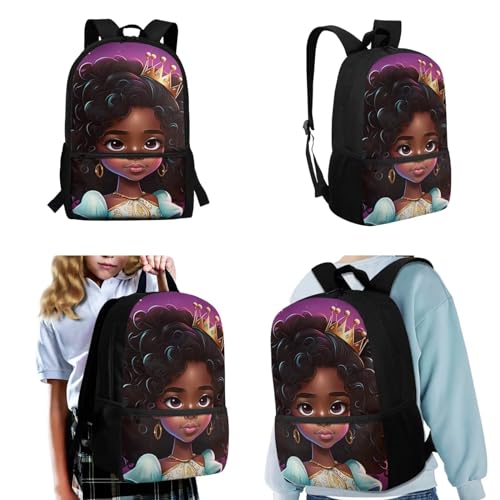African Girl School Backpack for Girls 10-12 Kids School Bookbag with Lunch Box and Water Bottle Holder Black Girl Lunch Bag Teen Elementary School Book Bag Pencil Case 4 In 12