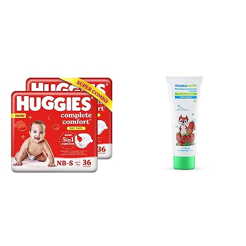 Image of Huggies Complete Comfort Dry Tape Newborn - Small (NB-S) Size Baby Tape Diapers, Combo Pack of 2, 36 count per pack, 72 count & Mamaearth 100% Natural Berry Blast Kids Toothpaste, Oral Care - 50 gm