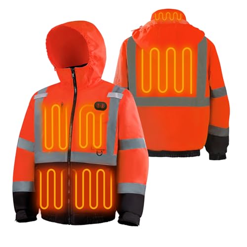 LYReview Safety Heated Jacket with Large Battery Rechargeable Class 3 High Visibility Waterproof Work Construction Coat Orange XL