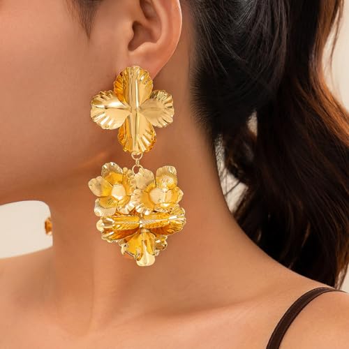 Gold Statement Flower Earrings for Women Heart Geometric Metal Pleated Floral Drop Dangle Earrings Exaggerated Shiny Petal Earring Jewelry Gifts2
