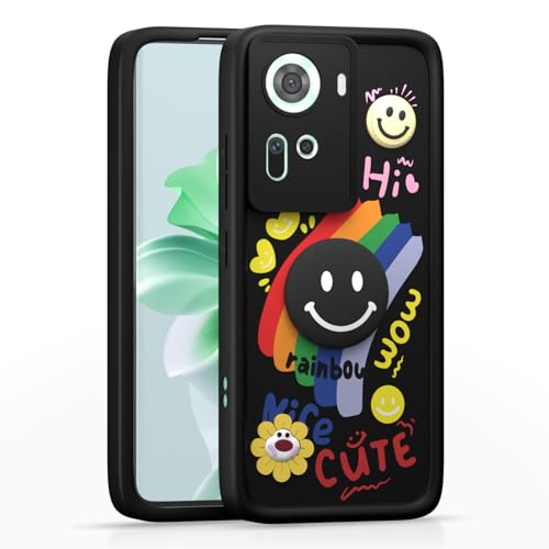 Image of Pikkme Back Cover for Oppo Reno 11 5G | Soft Silicone| Cute Rainbow Smile & 3D Cartoon Flower Design | Shockproof Raised Camera Protection Bumper Case (Black)