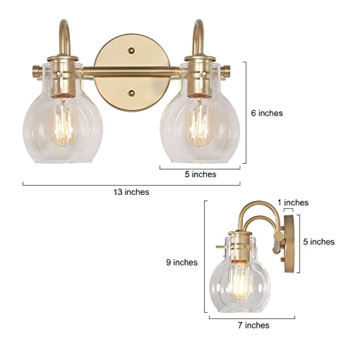 Image of KSANA 2-Light Vanity Light with Globe Clear Glass Shade, Gold Vanity Lights for Bathroom, Powder Room, 13 inch L x 7 inch W x 9 inch H