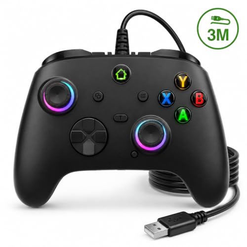 Image of conwin Wired Controller for X box One /S /X & Series S /X /PC Win10+ /Steam Platform, 9.8FT PC Joystick with Dual-Vibration, Turbo, Programmable, RGB LED Light and 3.5mm Stereoscopic Jack (Black-102L)