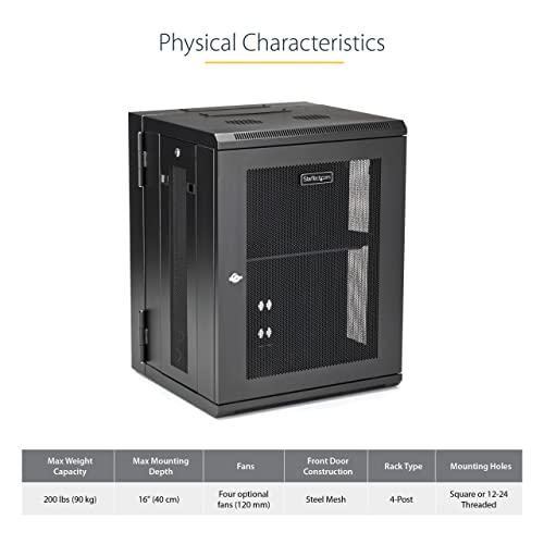 Image of StarTech 15U Wall-Mount Cabinet, 19in, 4-Post, 16in Deep (RK1520WALHM) | Hinged enclosed locking server rack kit for IT data equipment, Adjustable depth 2.4-16in, SPCC steel, Assembled