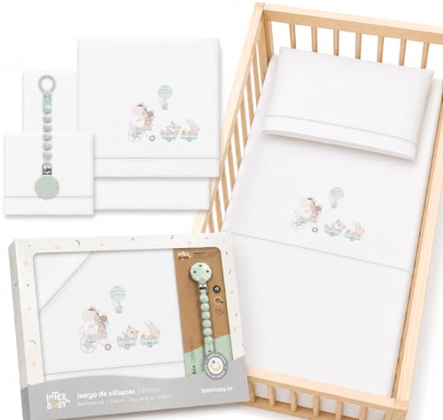 mibebestore Juego 3 Sabanas Cuna 60x120 100% Algodón con Sabana Bajera Transpirable Ajustable Lavable + Funda Almohada Suave Pack Osito Descanso de Bebes Regalos Recien Nacidos + Chupetero Regalo