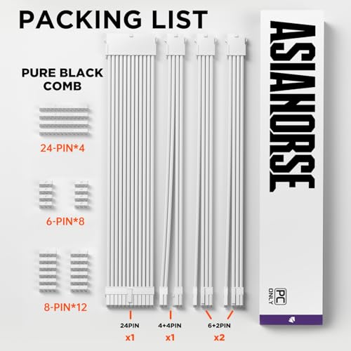 AsiaHorse 16AWG PSU Cable Extension Sleeved Custom Mod GPU PC Audio Video Power Supply Soft Braided Cables with Two Color Comb Kit 24P/8P to 6+2P/ 8P to 4+4P 30CM