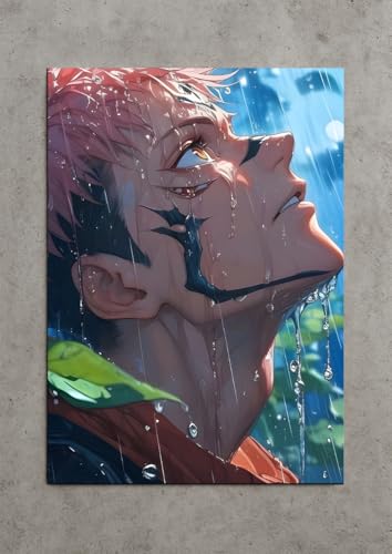 Image of NIJUKA Anime Printed A4 Size Metal sheet Poster For Home And Room Decoration | For Anime Art Fans Boys And Girls (Sukuna Side Face In Rain)