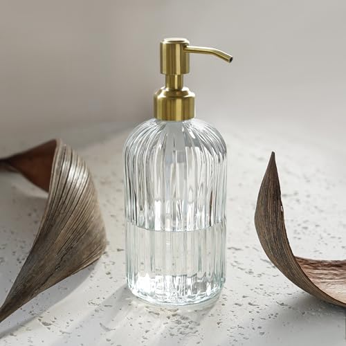 Image of JASAI 18Oz Glass Soap Dispenser with Golden Pump for Kitchen,Refillable Liquid Hand soap Dispenser with Vertical Stripe, Clear Soap Dispenser Bathroom for Hand soap, Dish Soap, Lotion