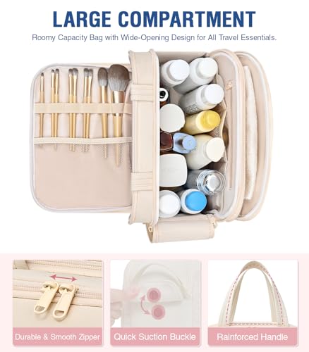 Travel Toiletry Bag, Lightweight Large Wide-open Toiletry Bag for Women, Puffy Makeup Bag with Handle, Carry-on Wet and Dry Travel Cosmetic Bag For Accessories, Essentials, Toiletries, Beige2