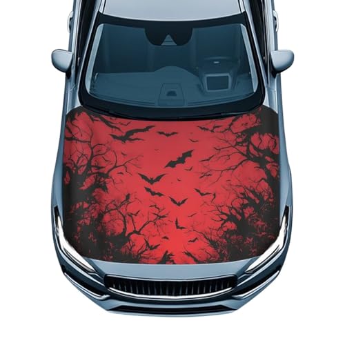 Image of Bat Print Car Hood Cover All Weather Protection Automotive Exterior Accessories Universal Fit Hood Covers for Cars, Trucks, SUV, or Van Full Coverage Halloween Decor