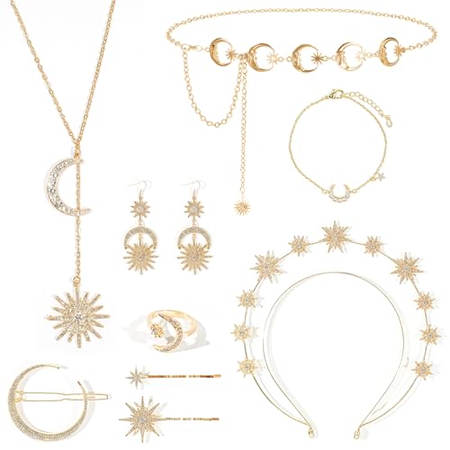 9Pcs Celestial Jewelry Set Halo Crown Moon Stars Headband Necklaces