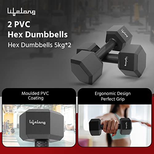 Lifelong PVC Hex Dumbbells Pack of 2 (5kg*2) Black Color for Home Gym Equipment Fitness Barbell|Gym Exercise|Home Workout, Gym Dumbbells|Dumbbells Weights for Men & Women (6 Months Warranty) (Image - 4)