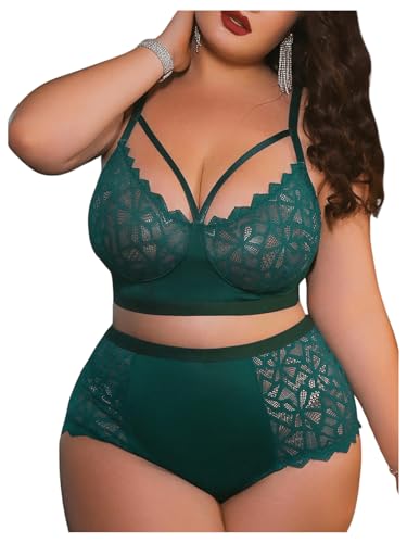 Image of MakeMeChic Women's Plus Size Lingerie Sets Contrast Lace Cut Out Wireless Bra and Panty Set