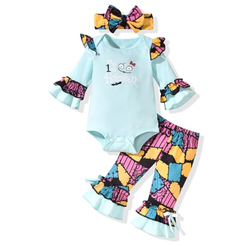 HINTINA Newborn Infant Baby Girl First Halloween Outfits Bodysuit Bell Bottom Pants Clothes Set With Headband