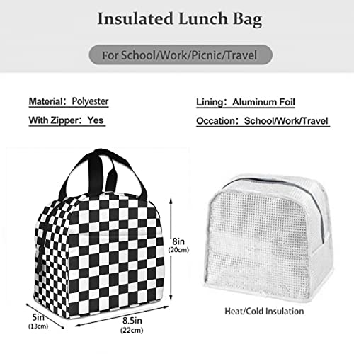 Zoczos LUNCH-BAG-H240 Checkered Pattern Reusable Lunch Bag Black And White Plaid Geometric Squares Pattern Lunch Organizer Box thumb #3