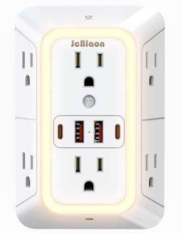 Wall Outlet Extender with Night Light, Power Plug Adapter 6 Outlet Extender with 4 USB Charging Ports 1050J Power Strip Multi Plug Adapter Spaced for Home Travel Office (2A2C)