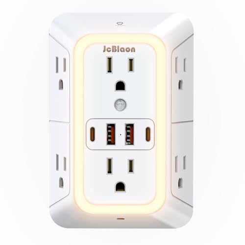 Wall Outlet Extender with Night Light, Power Plug Adapter 6 Outlet Extender with 4 USB Charging Ports 1050J Power Strip Multi Plug Adapter Spaced for Home Travel Office (2U2C)