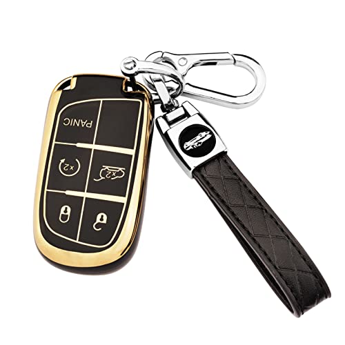 XIYANG TRADE for Jeep Key Fob Cover with Keychain, Soft TPU Key Case Shell Full Protection Suitable for Jeep Grand Cherokee Renegade Compass Durango Charger Dodge Challenger (Black)