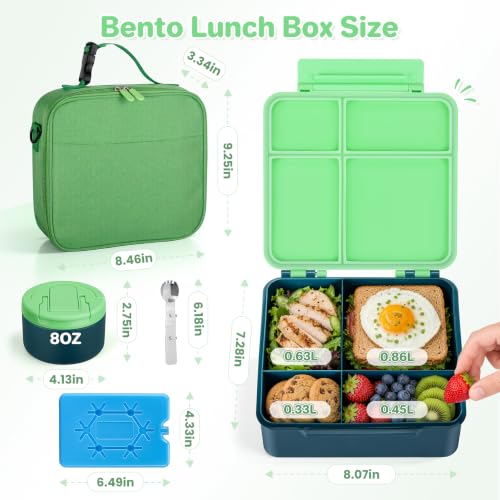 Image of Bento Lunch Box with 8oz Soup Thermo,Kids Leakproof 4 Compartment Lunch Food Containers with Sauce Cup and Ice Pack,Kids Thermo Insulated Hot Food Jar and Lunch Bag for School,Trvael-Green