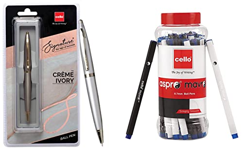 Image of Cello Aspro Mavro Ball Pen Set (Bulk Pack of 50 pens with Stand- Assorted) Signature Creme Ball Pen, Blue, 1 Piece