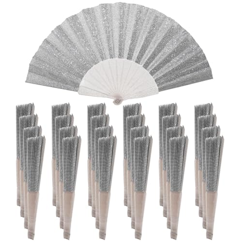 24 Pack Handheld Fan,Folding Hand Glitter fan with Shining Transparent Fan Rib – Ideal for Wedding, Church, Festival, Dance, Tea Party, Club, and EDM Accessories, Silvery