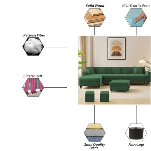 Image of Casaliving Garcia LHS 8 Seater L Shape Sofa Set with Ottoman & 2 Puffy for Living Room (Green) Premium Fabric Sofa Set for Living Room