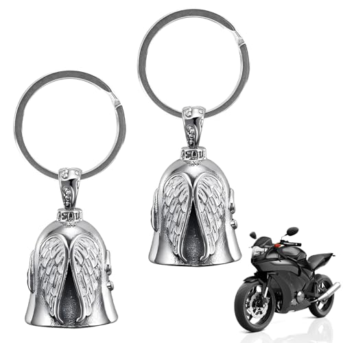 VOSSOT 2 Stück Guardian Bell Motorrad Glöckchen, Fahrradglocke, Schutzglocke Engel Reitglocke, Edelstahl Motorradglocke Schlüsselanhänger, Glöckchen Glücksbringer für Segne Den Frieden (Style-B)