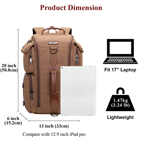 WITZMAN Travel Backpack for Men and Women Carry On Canvas Backpack Duffel Bag for Airplanes Fit 17 Inch Laptop (6661 Brown)
