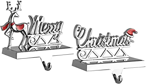 Yuokwer Set Of 2 Christmas Reindeer Stocking Hanger For Mantel，Metal Silver Deer Merry Christmas Stocking Holder For Fireplace And Christmas Party Decoration (Merry Christmas) #TOP4