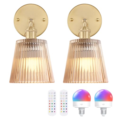 Image of Shenmoyl Vintage Battery Operated Wall Sconce with Amber Stripe Glass Lampshade Rechargeable Battery Powered Wall Light with Remote Control for Bedside Bedroom Doorway, Set of 2