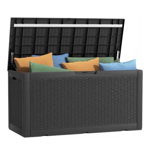 Image of 100 Gallon Outdoor Storage Box - Deck Box Waterproof Patio Furniture, Garden Tools, Cushions, Pool Accessories Outside Storage Resin Box, Black
