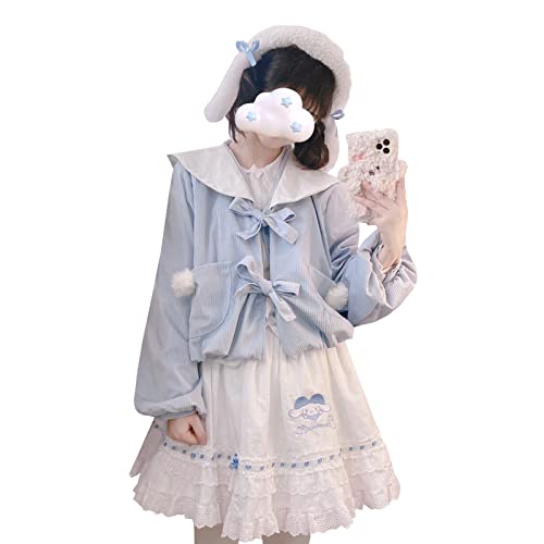 Japanese Lolita Bow Tie Teen Girls Corduroy Kawaii Short Pullover Top Cute Cats Embroidery Sailor Collar Cardigan Top Coat