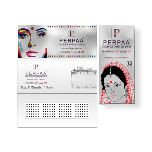 PERPAA Sticker Kumkum Bindi (Round), Size 11, Diameter 1.5mm - Black, 15 Flaps, Breathable Fabric, No Gum Marks, Does not Irritate Skin-Self-Adhesive