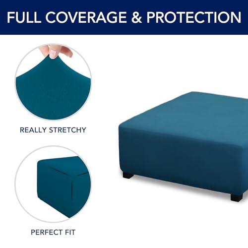 Image of PureFit Super Stretch Form Fit Square Ottoman Cover Rectangle - Ottoman Slipcovers for Foot Stool & Folding Storage Furniture for Living Room with Nonslip Elastic Bottom (Medium-XL, Peacock Blue)