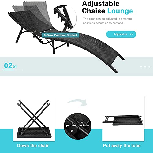Frithjill Patio Chaise Lounge Chair With Coffee Table,3 Pieces Adjustable Outdoor Cushioned Pool Folding Rattan Chair #TOP3