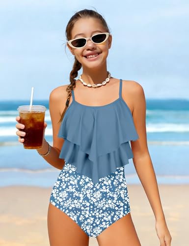 Image of Girls Swimsuit Color Block One Piece Swimsuit 2-Tiered Ruffle Bathing Suit Adjustable Strap Girls' Swimwear 7-16Y