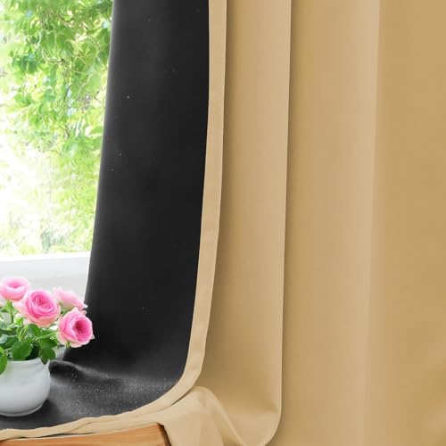 Image of LINENWALAS Long Door Curtains 9 Feet Set of 2 - Thermal Insulation 100% True Blackout Curtains, Black Backing & Fade Resistant Drapes for Living Room, Bedroom (Golden Beige)