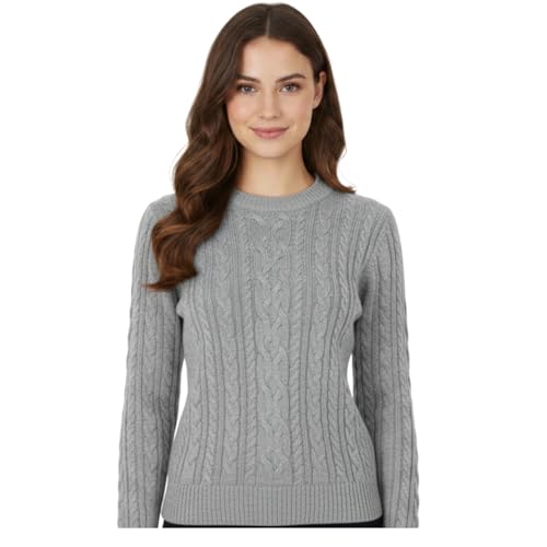 Image of Women’s Cable Knit Jumper Long Sleeve Crew Neck – Soft Fisherman Ladies Sweater, Warm Winter Knit Pullover-Grey L -XL