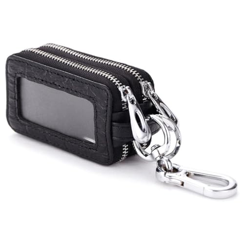 VIVIIHOO Portachiavi per auto in vera pelle con protezione RFID, custodia per chiavi con doppia cerniera, moschettone e finestra trasparente, piccola e pratica per uomo e donna