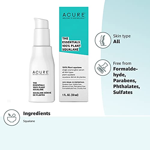 Acure The Essentials 100% Plant Squalane Oil | 100% Vegan | Versatile - For Any Skin & Hair Care Regimen | Single Source Glow Serum | All Skin Types | 1 Fl Oz #TOP5