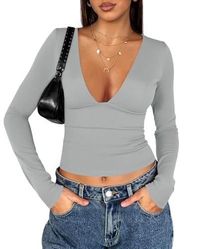 T-shirt sexy à manches longues haut court et ajusté femme col en V