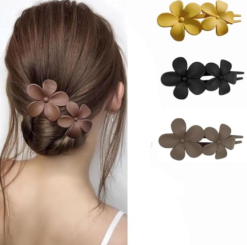 ヘアクリップ 3個セット 花形ヘアクリップ 髪留め マット 花モチーフ ヘアクリップ しっかりとまる 髪留め クリップ 大きめ レディース ヘアアクセサリー シンプル おしゃれ 韓国風 可愛い エレガント ヘアアクセサリー 普段使い 職場 仕事 通勤 女性用 (: ブラック＋コーヒー+イエロー)のサムネイル