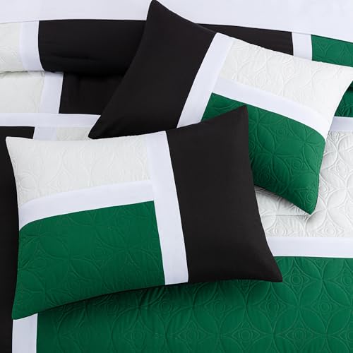 Chezmoi Collection Upland 7-Piece Quilted Patchwork Comforter Set, Green/Black/Cream White, Queen by Chezmoi Collection - Used condition - Image 4