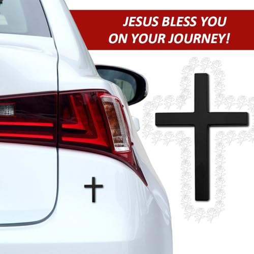 Image of 2PCS Metal Jesus Christ Cross Badge Stickers, Cross Decal, 2.5 inchx1.8 inch 3D Jesus Christ Car Emblem Badge Decal, Self Adhesive Scratch Covering Metal Emblem Decals Fit Car Body Fender Tail (Black+Red)