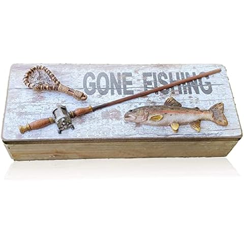Tumbler Home Gone Fishing Wood Box - Rustic Wood Keepsake Box Holds Coins, Keys and Wallet - Father's Day Gift, Birthday or Christmas Gifts for Fisherman, Dad, Son, Grandpa Cover
