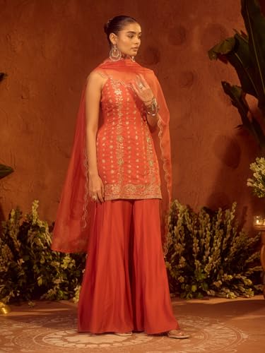 Image of FIORRA Women's Orange Viscose Chanderi Embroidered Ethnic Straight Kurta Set with Dupatta