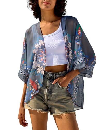 Image of Chunoy Women Summer Casual Open Front Blouse Top Lightweight Chiffon Kimono Beach Wear Cover Up Grey XX-Large