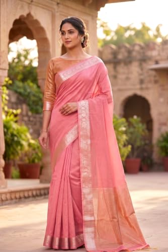 Image of Women's Pure Cotton Banarasi Silk Saree With Unstitched Blouse Piece