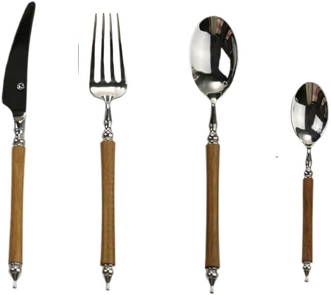 4/16/24/32/40/48 Pcs 304 Stainless Steel Knife, Fork and Spoon Cutlery Creative Yellow Wood Handle Cutlery,Brown,48 Pieces for 12